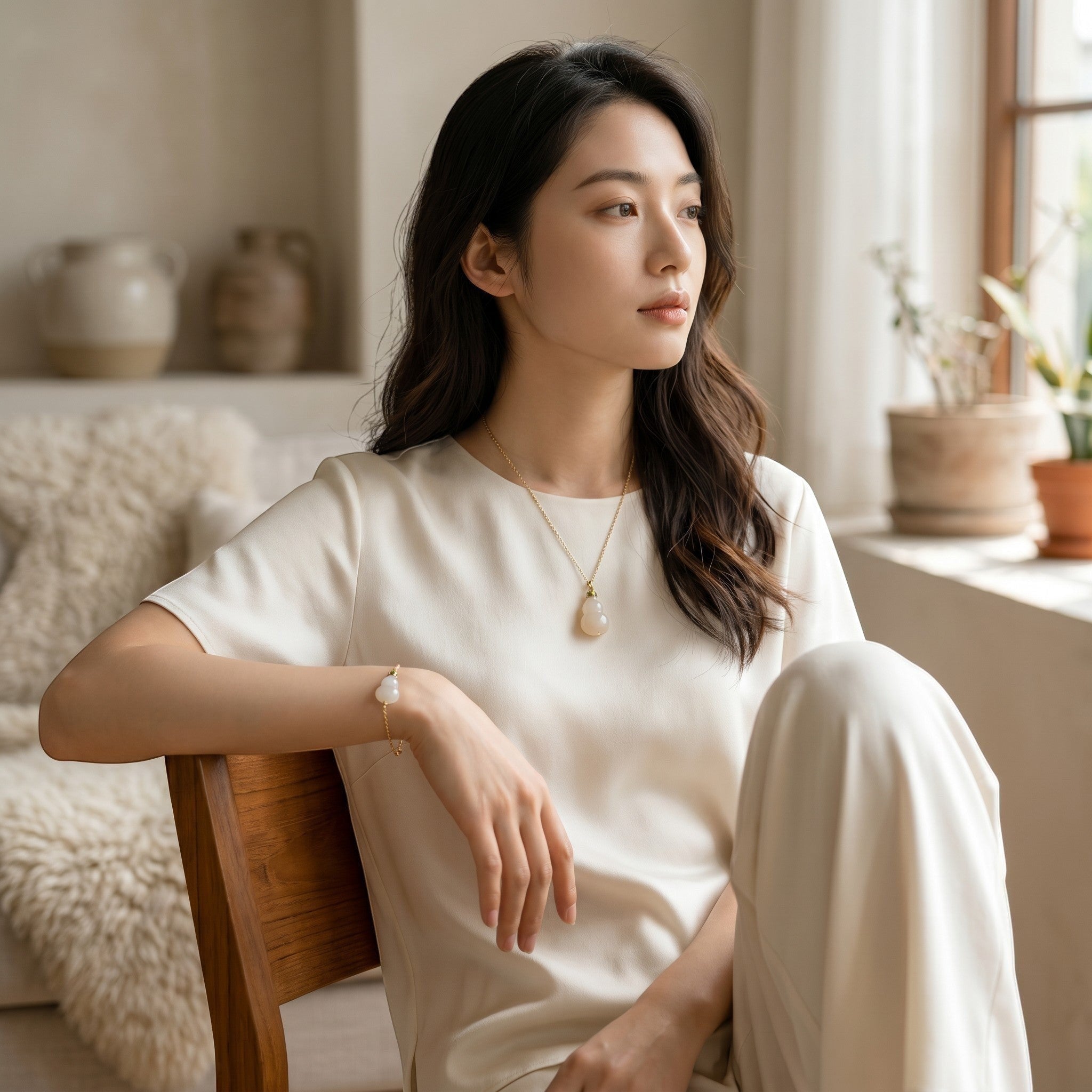 Sylvia Jewelry 葫芦形吊坠，淡粉色玉石材质，金色链条装饰，绿色宝石点缀。