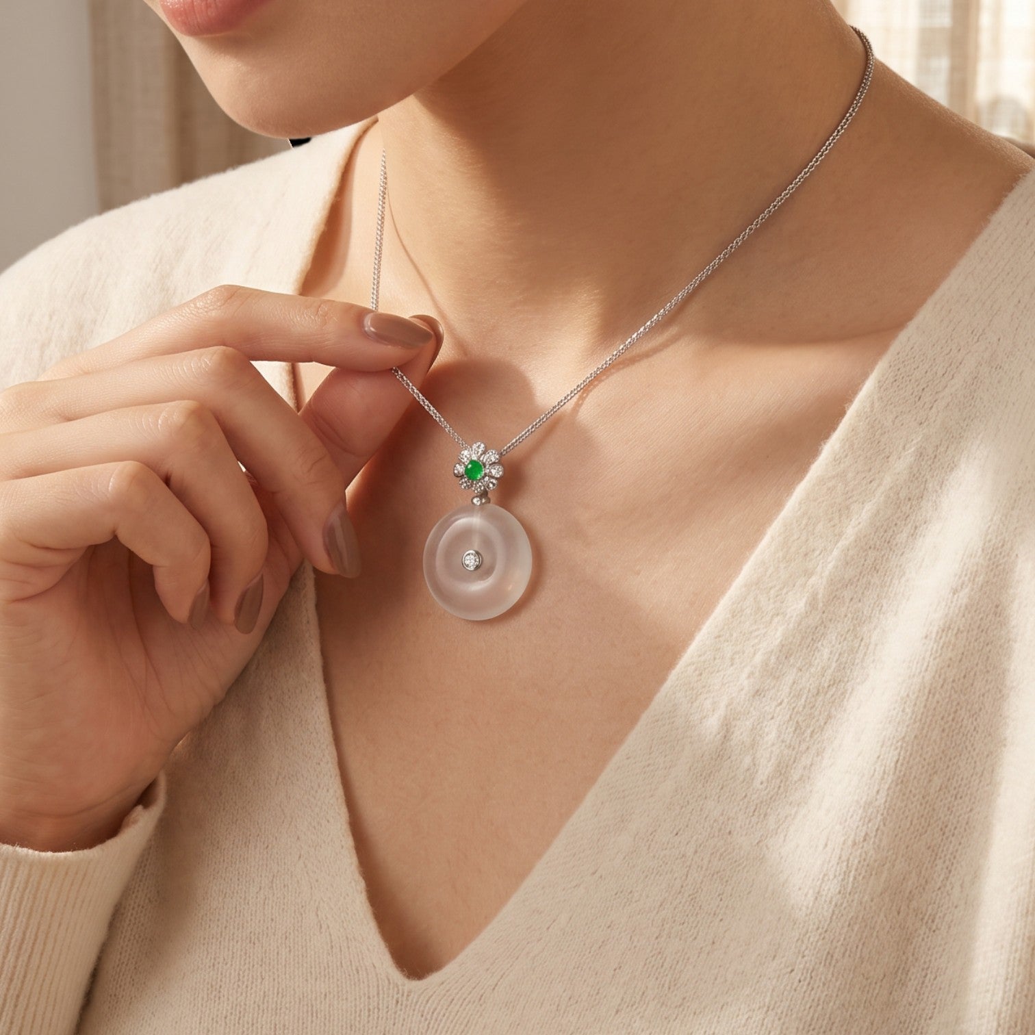 Sylvia Jewelry 冰种翡翠圆牌吊坠，镶嵌钻石和绿色宝石，花朵造型，简约优雅。
