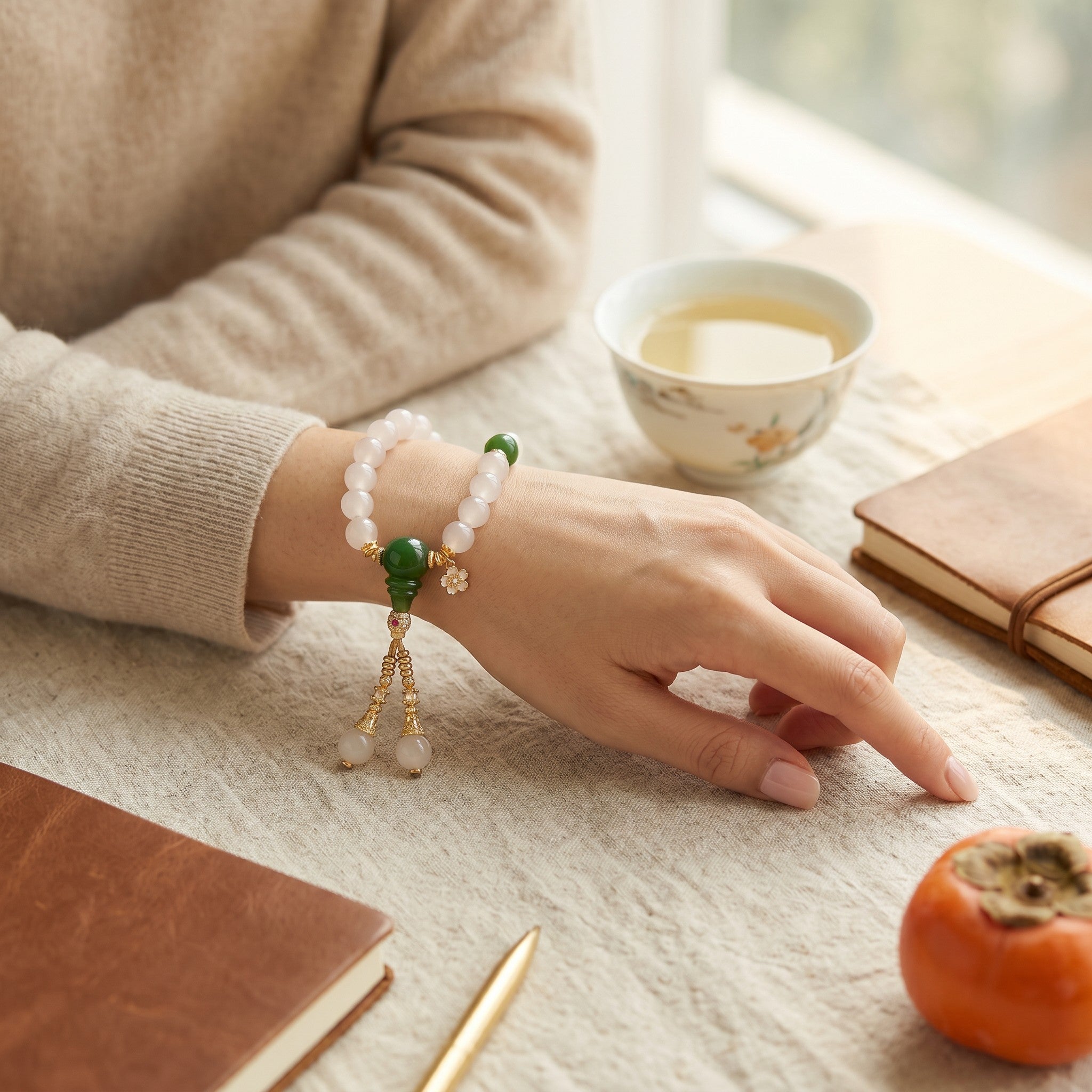 Sylvia Jewelry 浅粉色玉石手链，搭配绿色玉石珠和金色花朵吊坠，流苏设计。