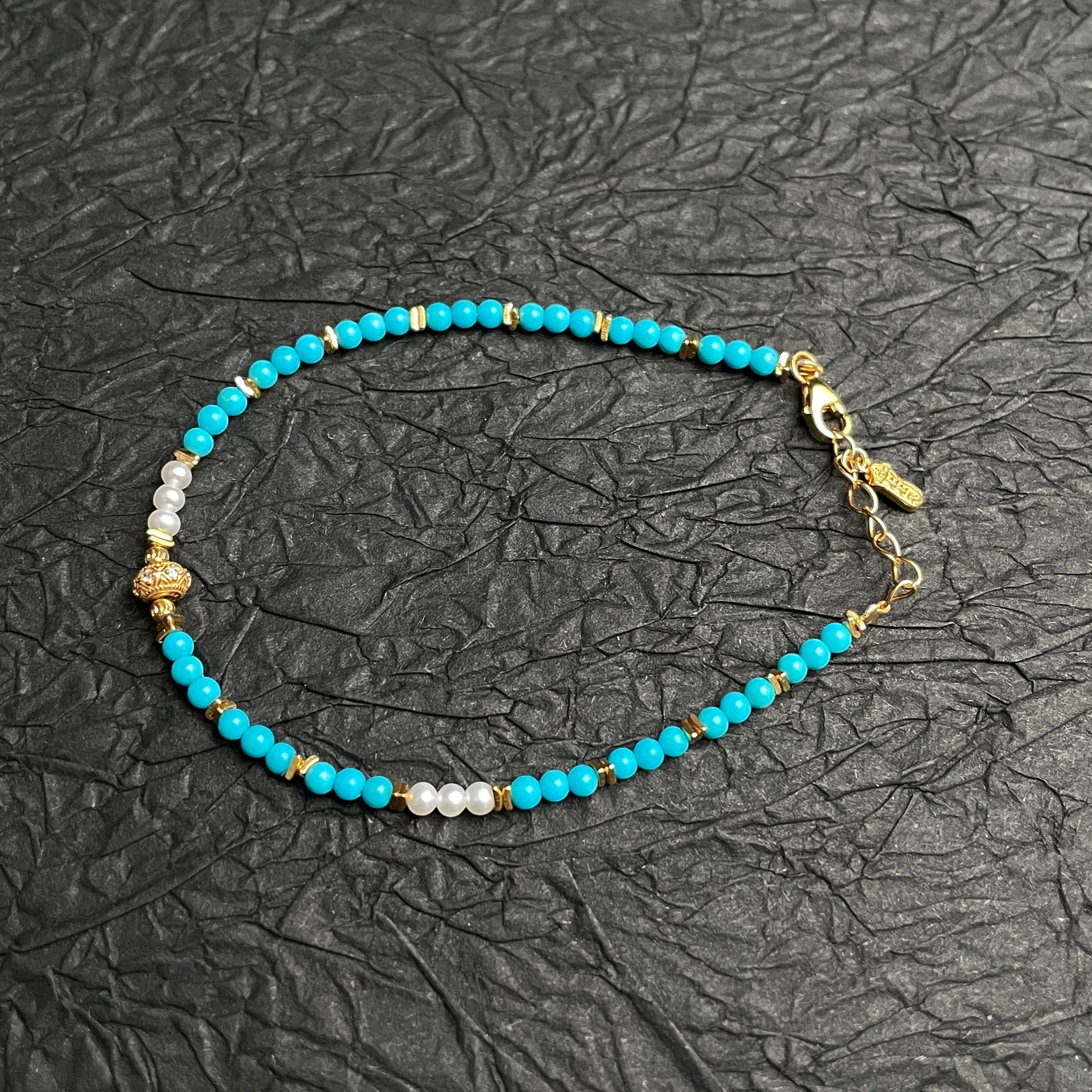Sylvia Jewelry 蓝绿松石珍珠手链，金色镀层点缀，适合日常佩戴