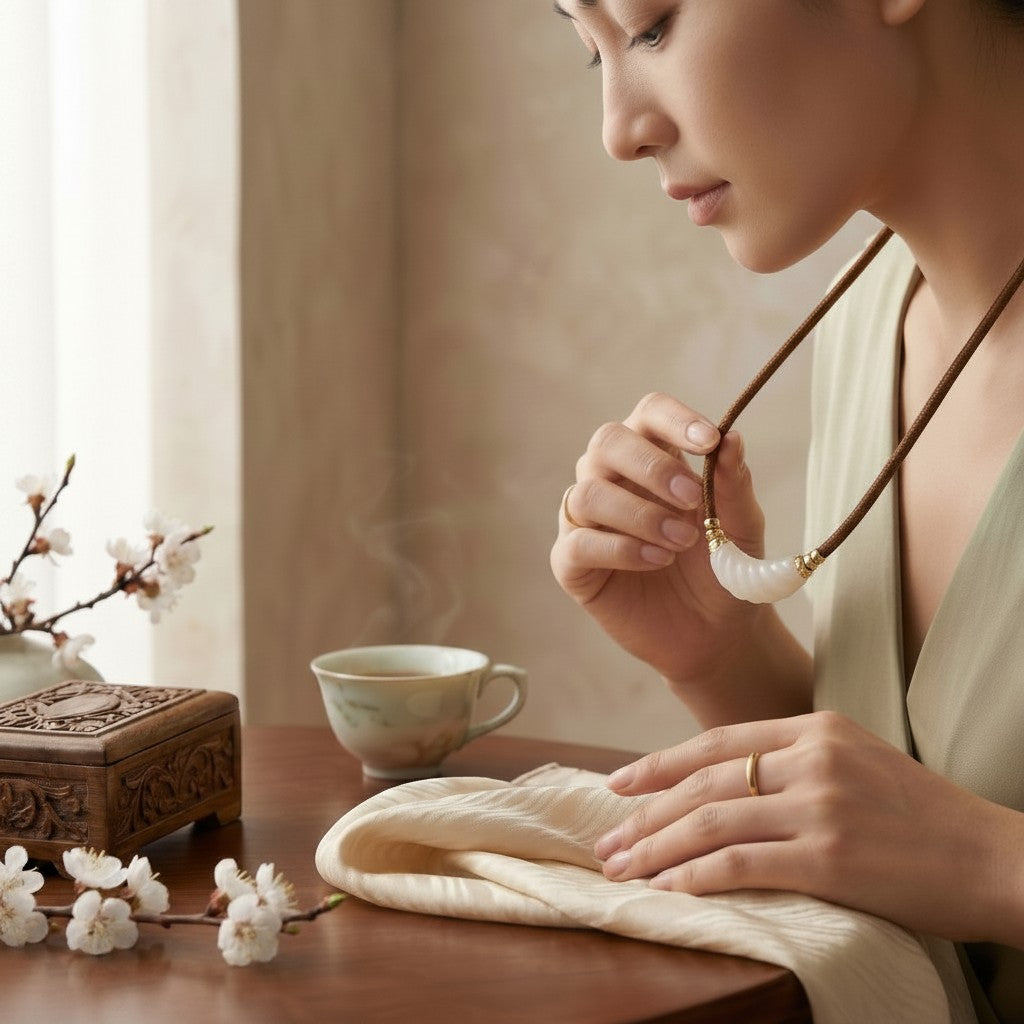 Sylvia Jewelry 弯月形白色玉石吊坠项链，搭配棕色绳链，女性佩戴